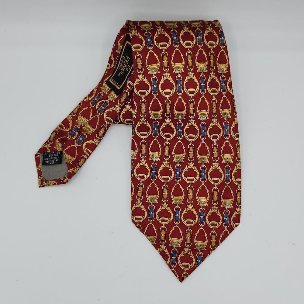 Fendi Cravatte 100% Silk Tie Men’s Burgundy Gold Equestrian Print Made in Italy